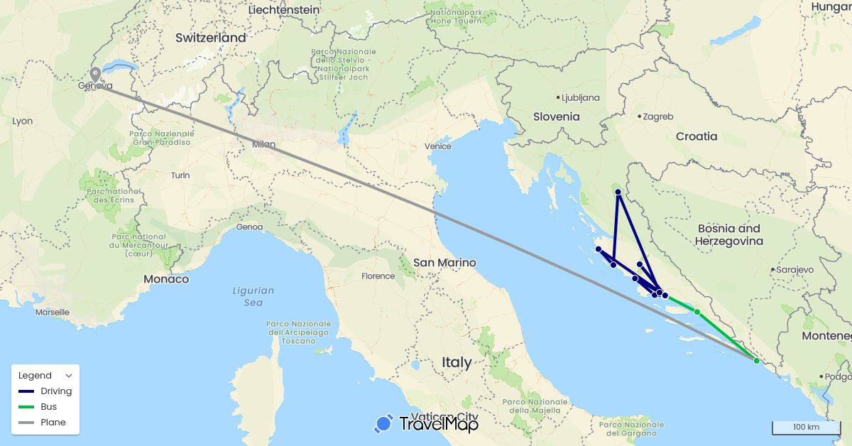 TravelMap itinerary: driving, bus, plane in Switzerland, Croatia (Europe)